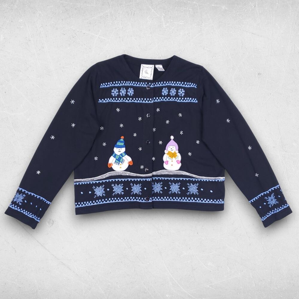 Michael Simon Christmas Cardigan Women XL Black Embroidered Snowmen Applique VTG